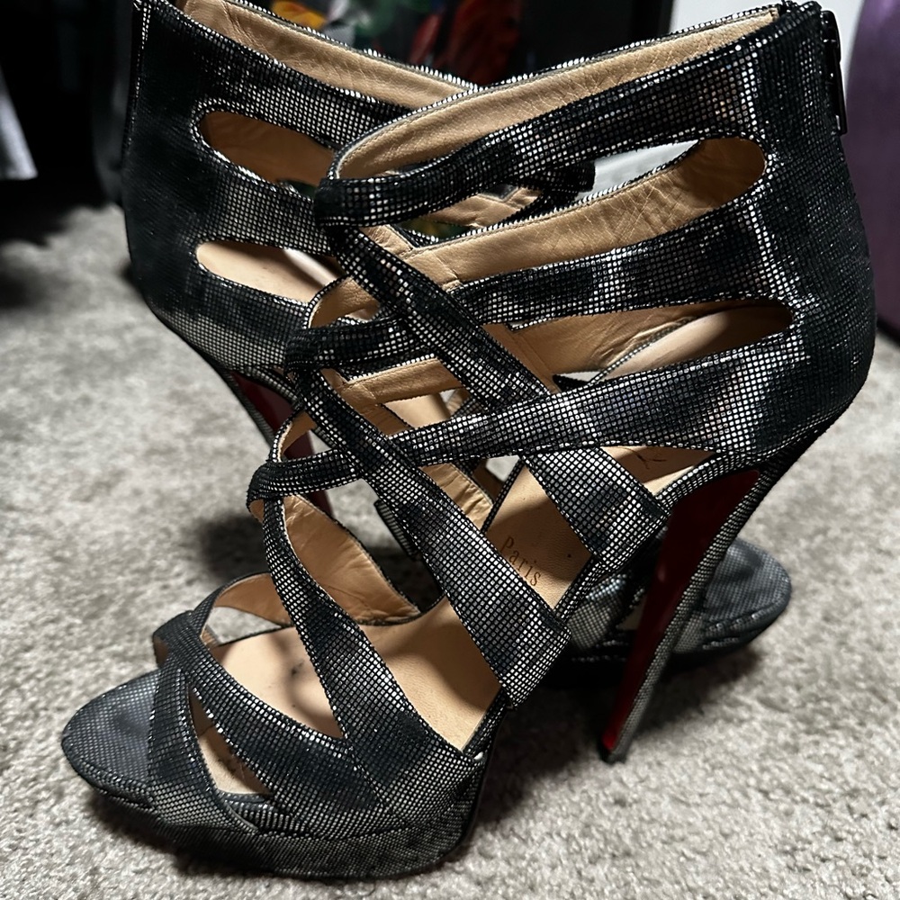 Christian Louboutin Black Textured Strappy Platform Heels with Red Soles